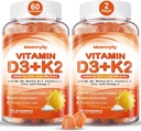 Vitamín D3 K2 Gummy pre dospelých - vitamín D3 5000IU + K2 (MK-7) 120mcg - bezcukrové doplnky D3 a K2 s Omega-3, metyl B12, B9, B6, vitamíny E a zinok - na absorpciu vápnika a imunitné zdravie