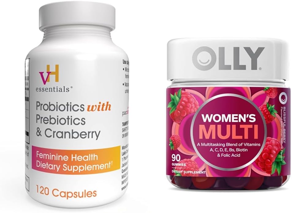 vH základné probiotiká s prebiotikami a brusnice Feminine zdravotné doplnky - 120 kapsúl a OLLY dámske multivitamín Gummy, Berry, 90 gróf Bundle