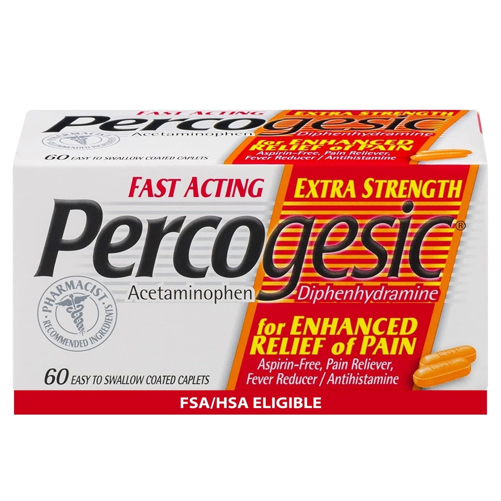 Perkogová extra sila acetaminofén a difenhydramín úľava od bolesti, rýchle pôsobenie horúčky bez aspirínu zníženie a antihistaminika, 60 počet