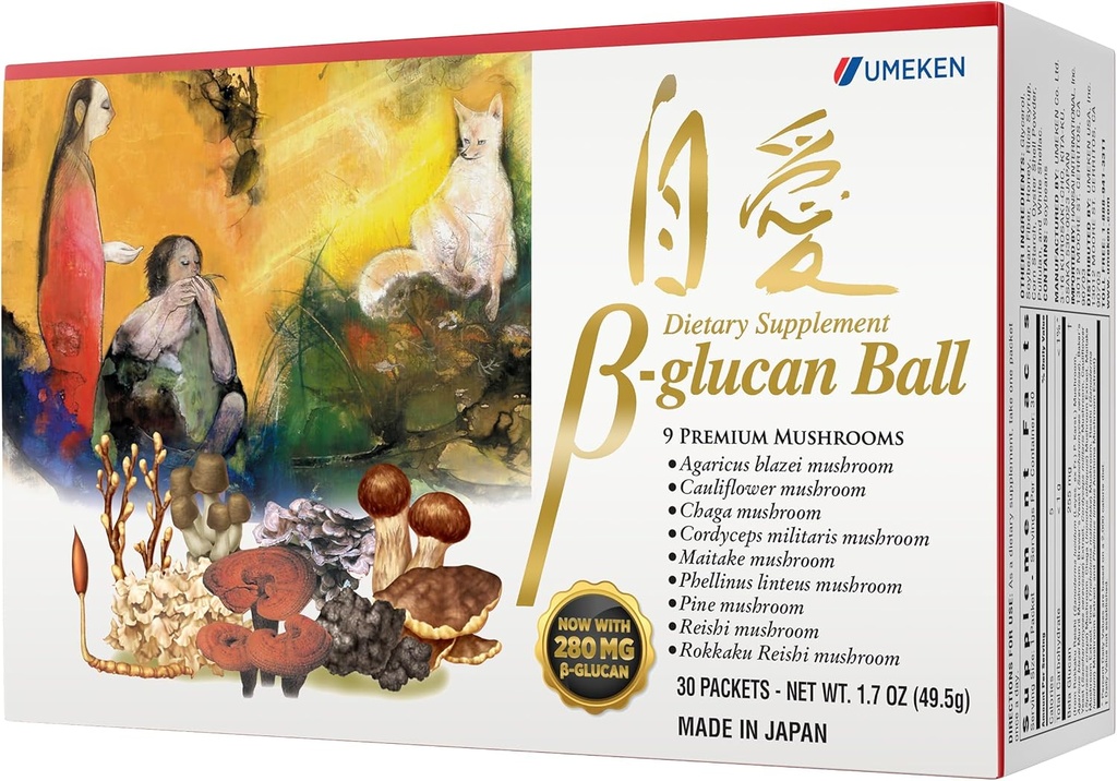 Umeken Beta Glucan, Immune Boost, Mushrom Extract, Dietary Supplement, Blend of 9 Premium Mushrom Extract Pakets, Easy to Take Beta Glucan Supplements, 1 mesiac Supply, 30 Gróf box, balenie po 1