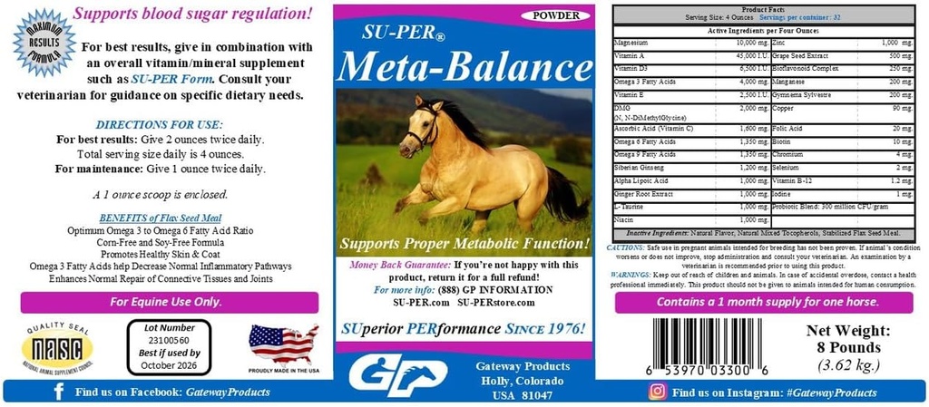 SU-PER Meta-Balance Horse Metabolic Support - Blood Sugar Regulation & Digestive Health Supplement - Konské vitamíny a minerály, rastlinné extrakty, probiotiká - 8 libra, 1 mesiac dodávky