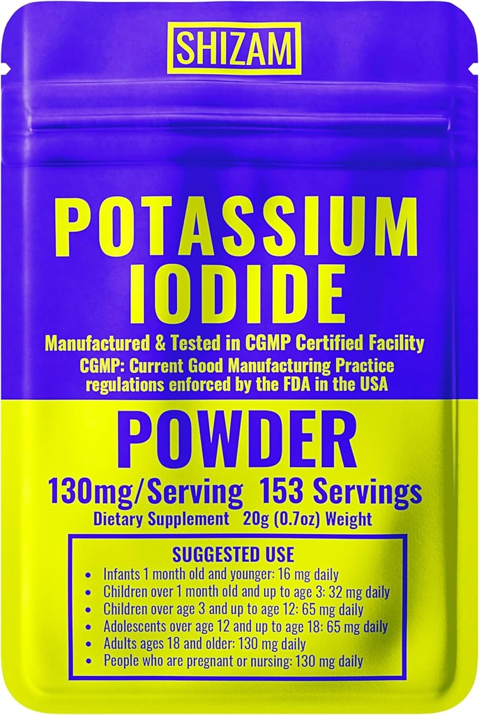 SHIZAM Draslík Iodid 130 mg 65 mg prášok Prežívanie Kit Kits, KI Iodine Kapsule Kapsule Tekuté Tinktúra Tablety Tablety Alt Supplements, prepping Supplements 130mg 65mg