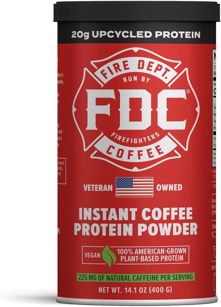 Hasiči káva - dáva späť hasičom - Instantná káva proteín prášok - Plant Based Protein Powder - 100% American-Grown, Made with Uppcycleed jačmenný proteín - veterán vlastní - 14.1 oz Can