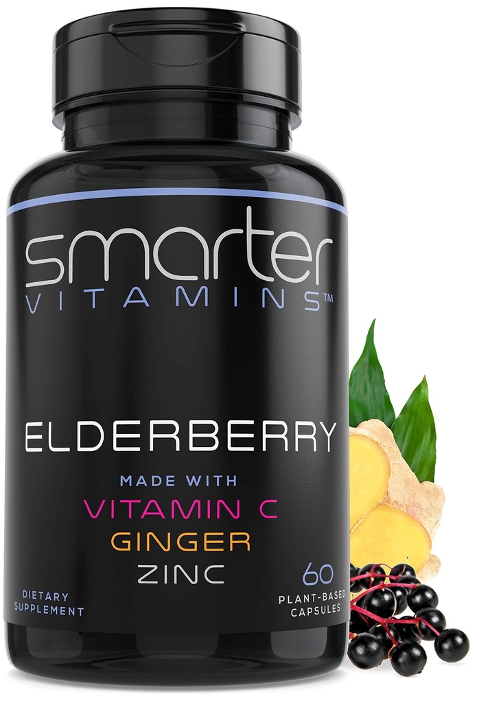 Inteligentnejšie bazové kapsule + vitamín C + zázvor a zinok, bylinné doplnky, silný čierny bazový extrakt Berry Antioxidant Vitamín, 60 Vegan pilulky