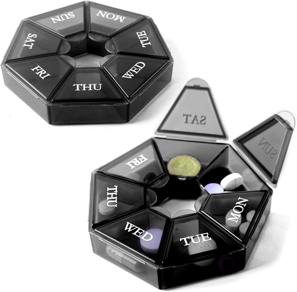 Domov Deke - Organizátor malých piluliek (2 balenia), Round Pill Dispenser for Travel, Mini Pill Organizátor, Kompaktný držiak na lieky, pilulky triediace 7 dní, Prenosný vitamínový kontajner, bez BPA (Food Grade)