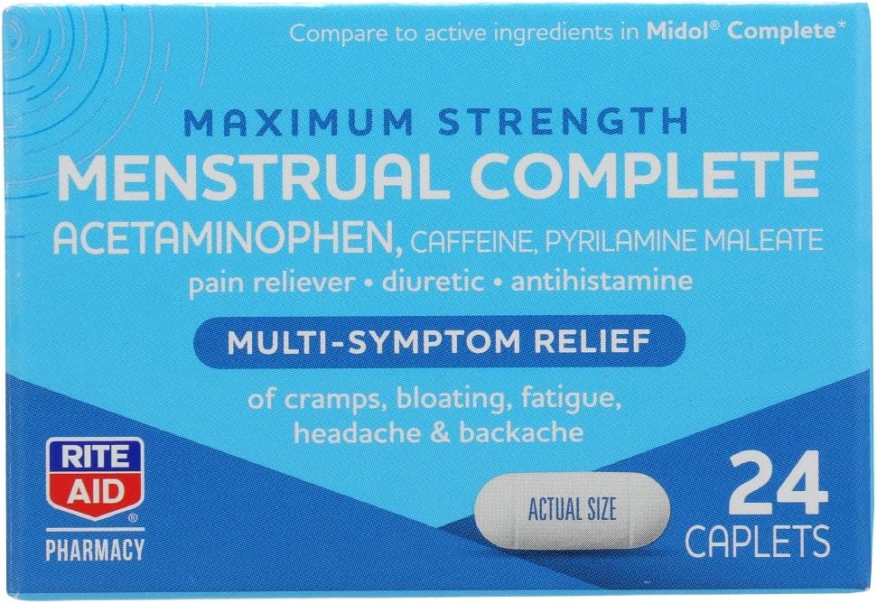 Rite Aid, Lekáreň Menstrual Multi Symptom Relief Caplets Maximálna sila, 24 Počet