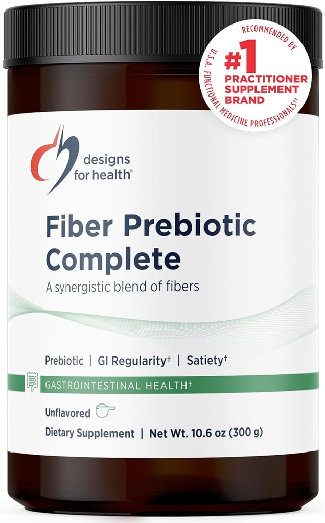 Designs for Health Fiber Prebiotic Complete - 12 Digestive Fiber Blend Powder Supplement w/Psyllium Husk, Ľan + Apple Pectin - Prebiotic Gut Support, unflavored + Nesladené (30 Servings / 300g)