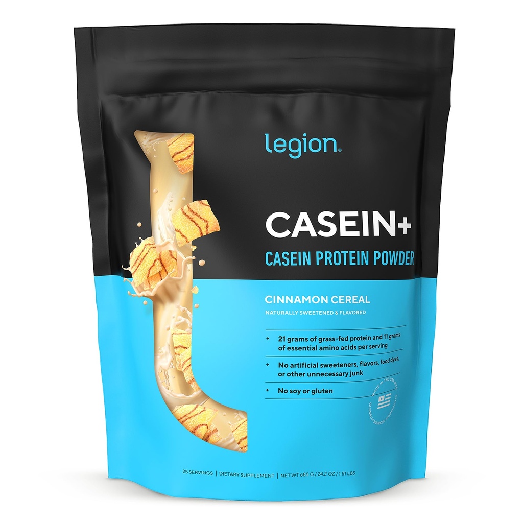 LEGION Casein+ Casein Protein Powder (Cinnamon Cereal) - Slow-Release Micellar Protein Powder - Non-GMO, Gluten-Free & Prirodzene Sweeted Powder from Grass-Fed Cows