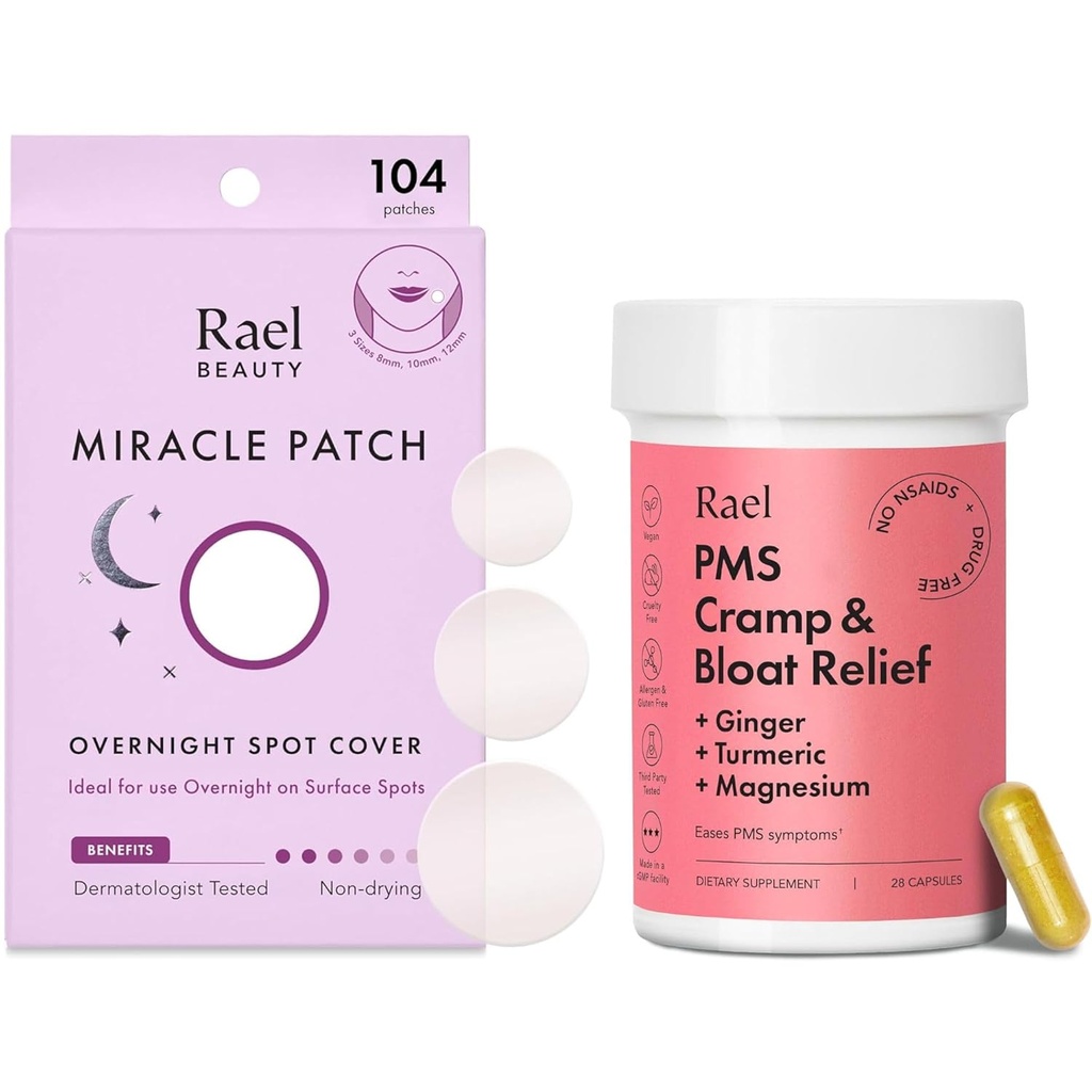 Rael Bundle - Overnight Spot Cover Pimple Patches (104 Count) & PMS Supplement for Women (28 Capsules)