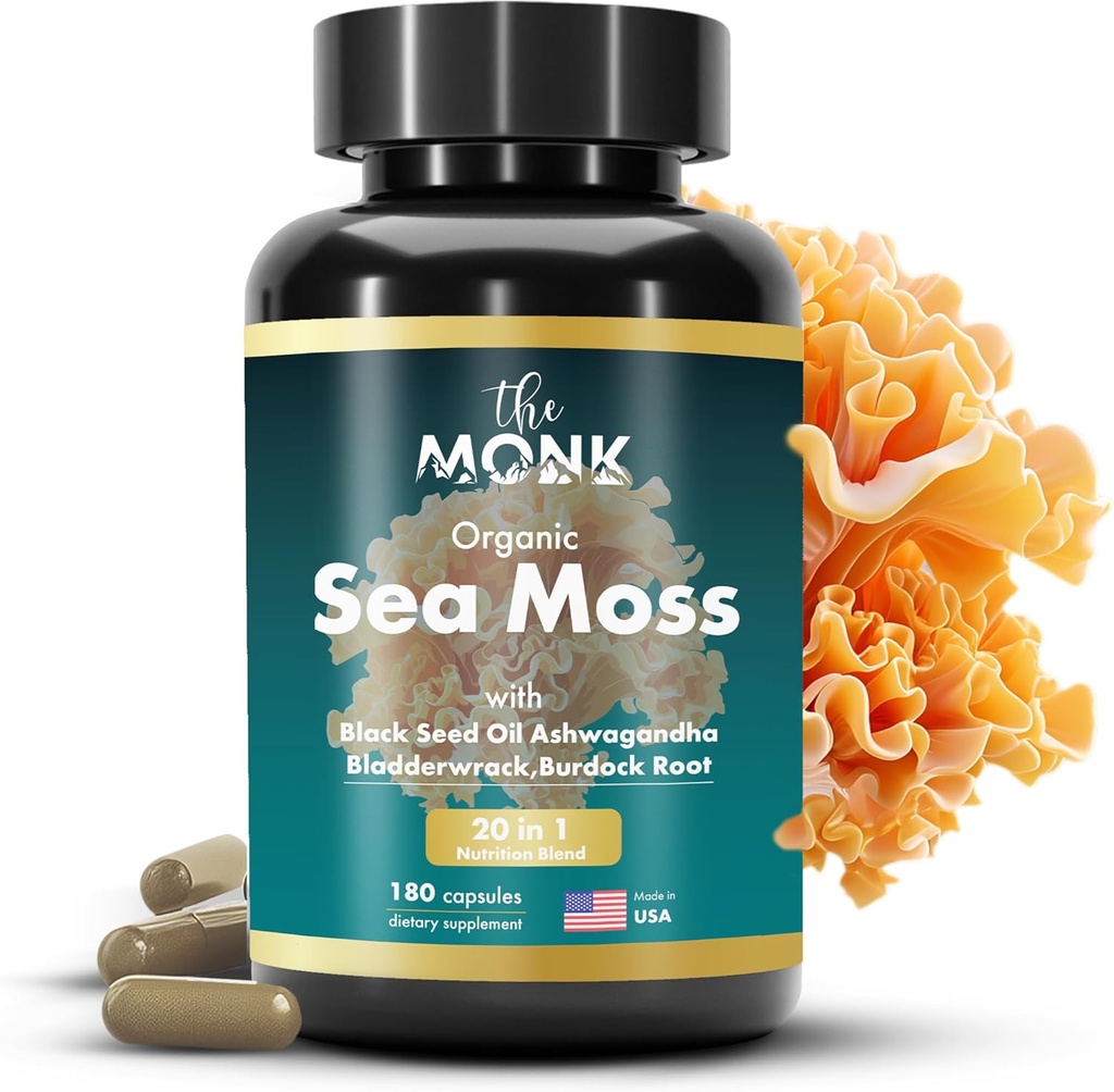 Organic Irish Sea Moss Capsules - Advance Formula, Raw Wildcrafted Seamos Supplement with Bladderwrack and Burdock Root - 180 Pills - Made in The USA