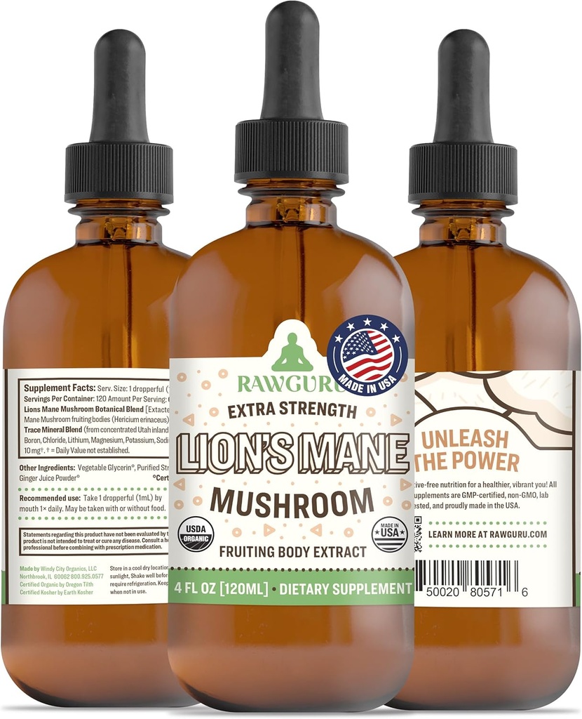 RawGuru Lion's Mane Mushroom Tincture - Vegan Lion's Mane Extract s stopovými minerálmi - Nano-Processed Imunity Boost & Cognitive Supplement - 120 Servings of Vegan Drops per 120 ml, balenie 1