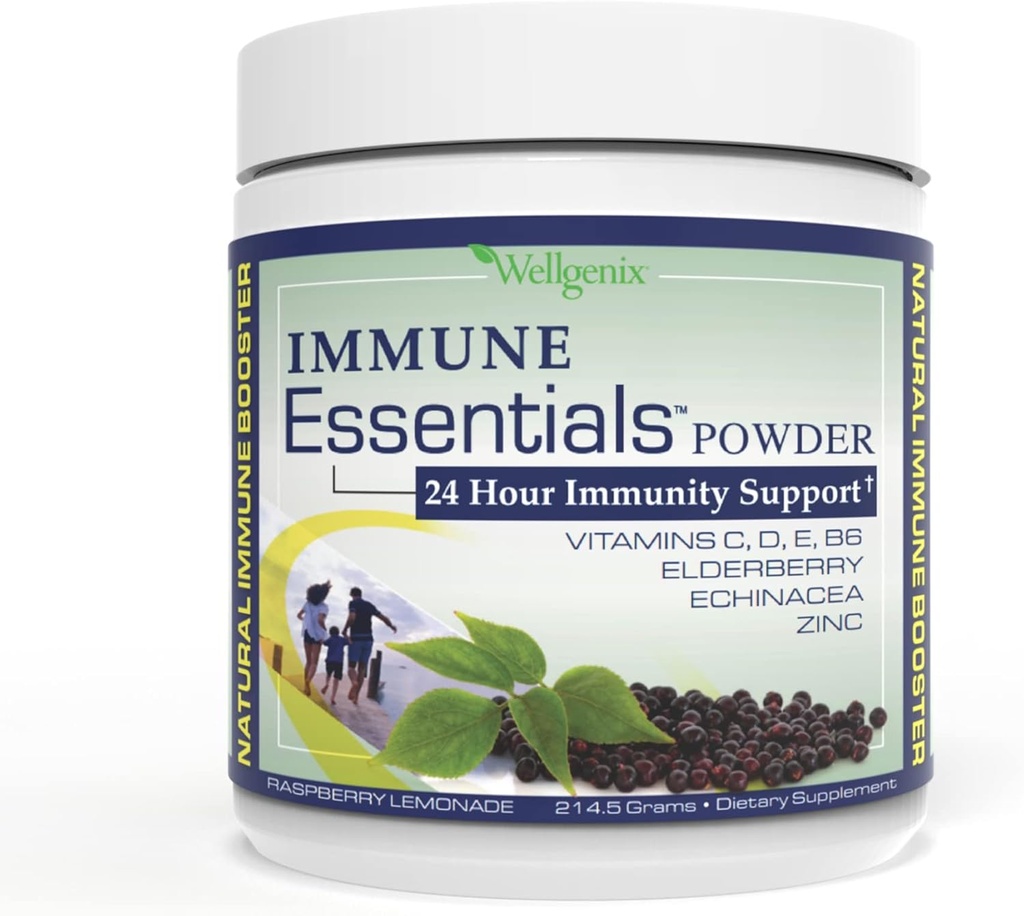 Wellgenix Immune Essentials - Multivitamínový prášok pre mužov, ženy a deti - Vegánsky doplnok s vitamínmi C, bazový zinok, Echinacea pre batoľatá, deti a dospelé - 7.57g (Raspberry Lemonade)