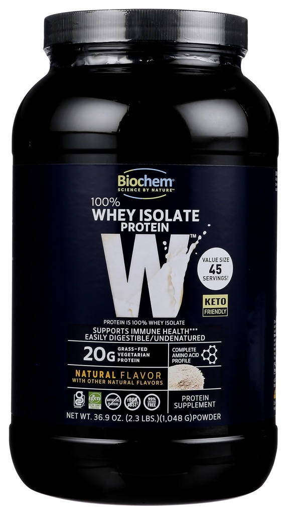Biochem 100% srsťový izolátový proteín - prírodná aróma - 20 g proteínu - pred a po tréningu - náhrada jedla - Keto-priateľsky - Ľahko stráviteľná - hodvábna hladká chuť - ľahko sa mieša (36,9 oz)