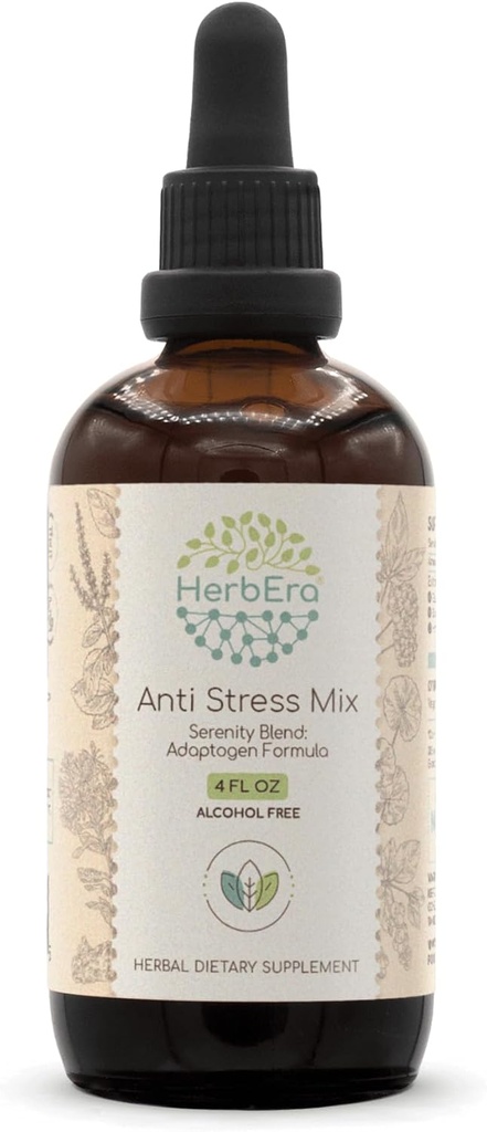 Anti Stres Mix B120 bez alkoholu extrakt Tinktúra, Eleuthero Root, Rhodiola Root, Schisandra Berry, Gotu Kola Herb, svätý bazalový bylinný. Serenity Blend: Adaptogen Formula 4 Fl Oz