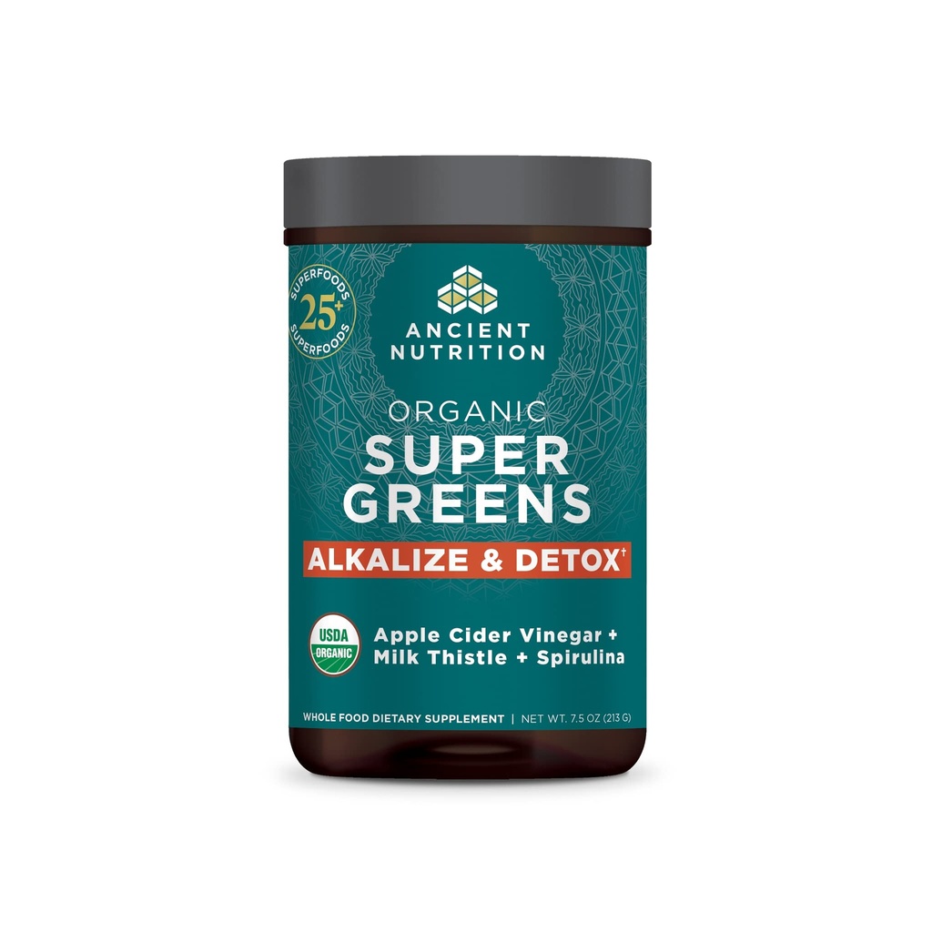 Staroveká výživa Supergreeny Alkalize & Detox Powder, Organické Superfood Powder vyrobené z reálneho ovocia, Zelenina a bylinky, na podporu trávenia a energie, 25 Servisov, 7.5oz