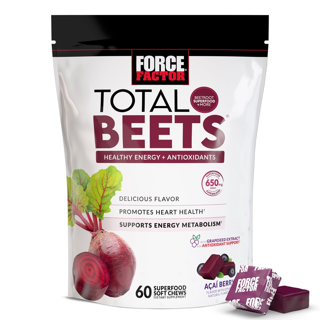 Force Factor Total Repets Soft Chews with cvikla, Nitrates, L-Citrulline, Grape Seed Extract, and Antioxidants, Healthy Energy Supplement with Elite Ingredients, Heart Health Superfood, 60 Chews