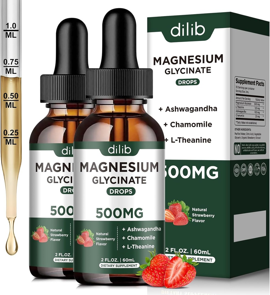 Magnézium Glycinate Liquid Drops Supplement, with Magnézium Glycinate 500mg Ashwagandha, L - Theanine, Chamomile -Podpora Relief stresu, kosti, svalovina, Mood Strawberry Flavor 2Pack