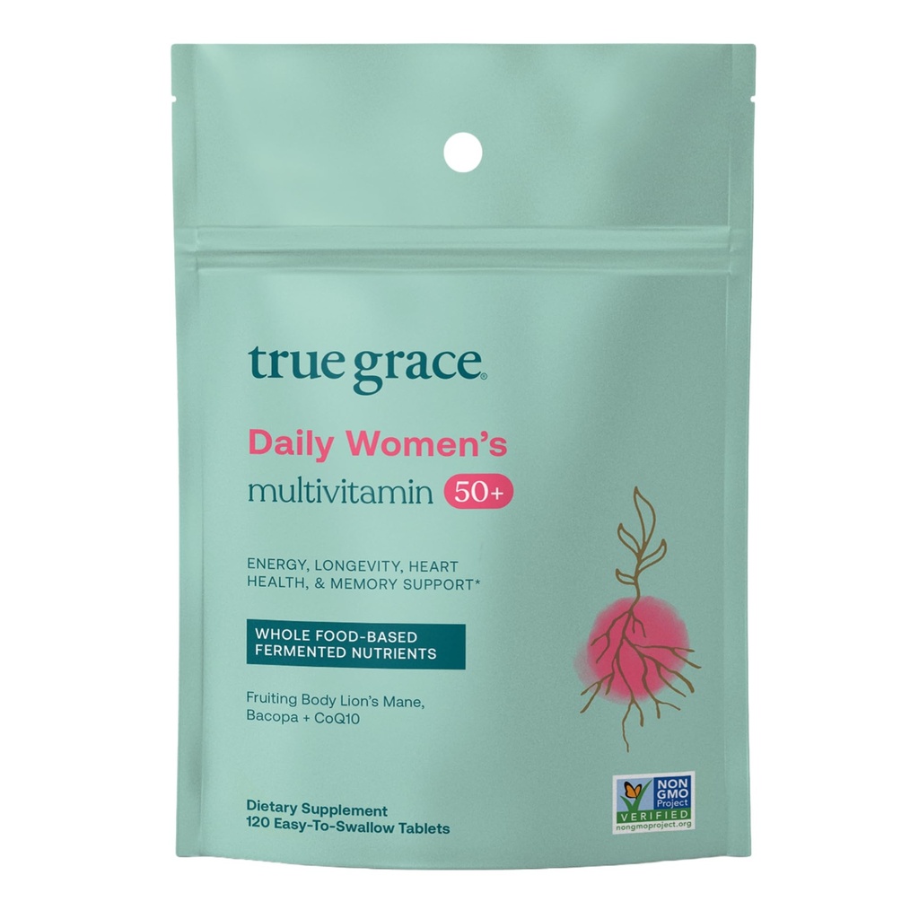 Pravá Grace Daily Ženy Multivitamín 50+ - 120 Tablety Easy-to-Swallow - Immune, Energy, Longevity & Memory Support - Vegan - Gluten, Soy & Iron Free - 60 Servings
