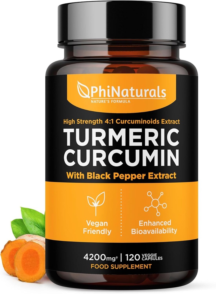 PhiNaturals Turmeric Curcumin Supplement with Black Pepper Extract - 4200 mg Celo Curcuma Root Equivalent per 3 Capsules Serving - Tumeric Pills