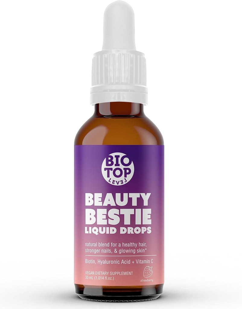 Krása Bestie Vegan Tekuté kvapky, Biotín, Vitamín C, Kyselina hyalurónová, Multi-Benefit Vitamíny Zmes na podporu zdravé vlasy, rast kože a nechtov, bez cukru 1 fl oz.
