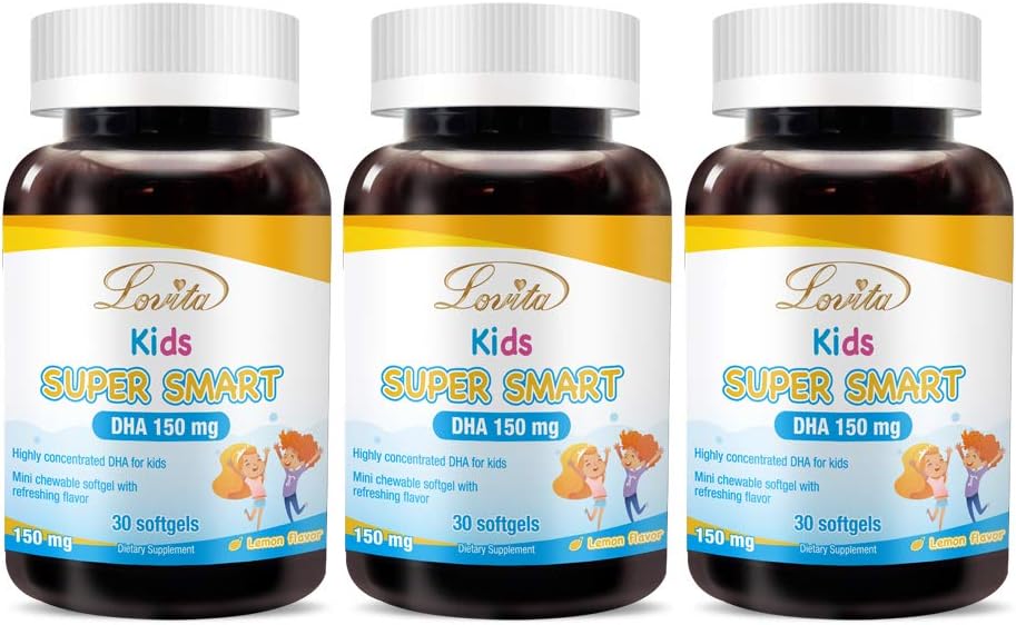 Lovita Kids Super Smart DHA, 150mg DHA a 30mg EPA Omega 3 mastné kyseliny, podporuje zdravie mozgu, prírodná citrónová príchuť, 30 žuvačky Softgels (Pack of 3)