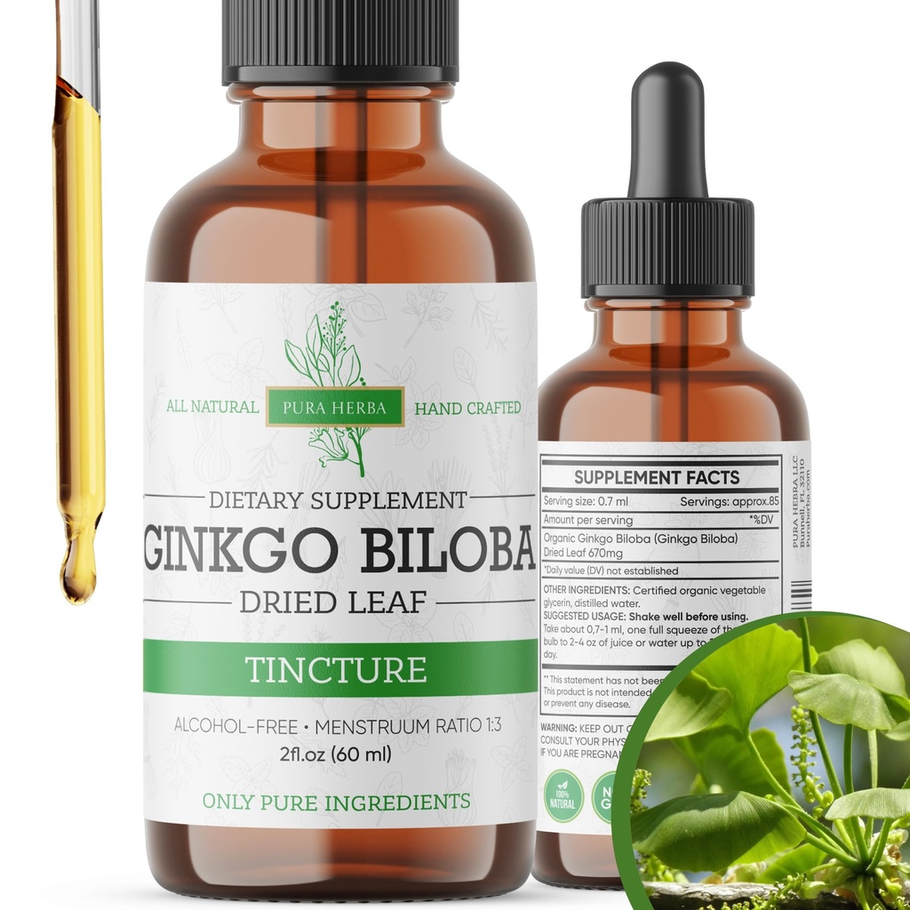 Ginkgo Biloba Extract Liquid 2 Fl Oz, Doplnky pre funkciu mozgu a podporu pamäte, bez alkoholu, Vegan - 2 Fl Oz