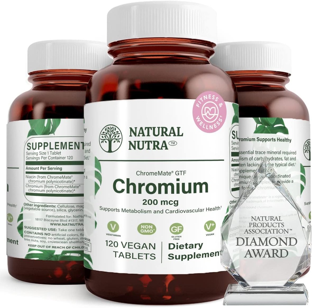 Natural Nutra GTF Chróm Polynikotinát s ChromeMate, podporuje metabolizmus tela, podporu zdravia srdca, udržiavať hladinu telesného tuku, zlepšiť trávenie, Kardiovaskulárne zdravie, 200 μg, 120 Vegan Tablety