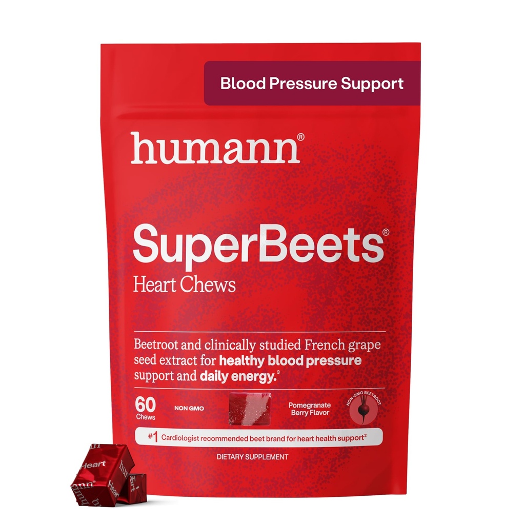 Humann SuperBeets Heart Chews, Repeat Root Powder Support Energy Supplement, Nitric Oxide and Blood Pressure Support, Grape Seed Extract & Non-GMO, Heart Health, Pomegranate Berry Flavor, 60 Count