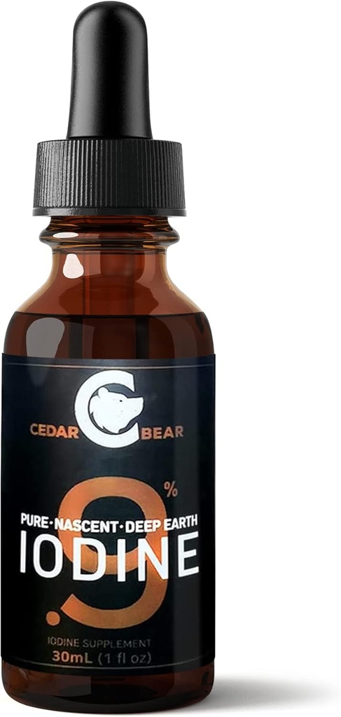 Cedar Bear - 0,9% Pure Noscent Deep Earth Iodine Supplement, All-Natural Thyroid Podpora a metabolizmus Booster, Alkohol-bez jód kvapky, Prírodný jód Tekutina, 1 fl oz / 30 ml