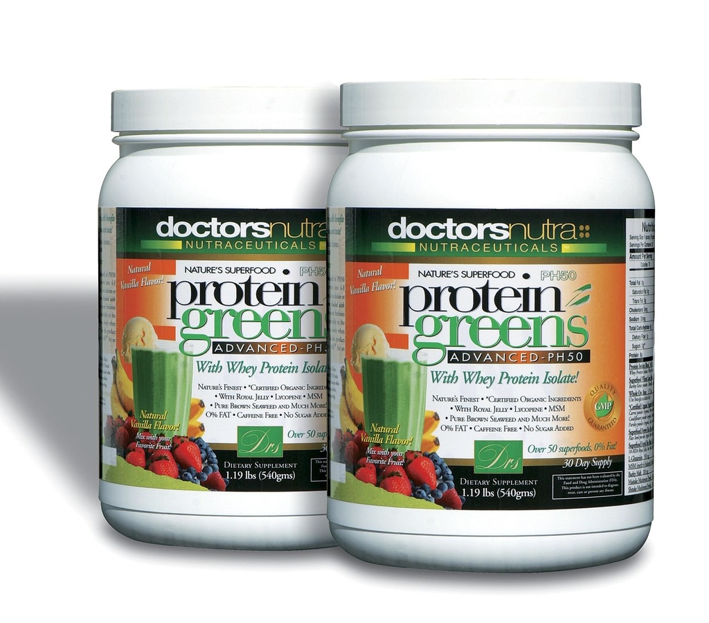 (Pack of 2) PH50 Protein Greens Drink with Certified Organic Ingredients by Doctors Nutra Nutra Nutraceuticals, 1.19 Libra (540 Grams) 50 Superfoods, Digestive Enzymes, Natural Vanilla Flavor