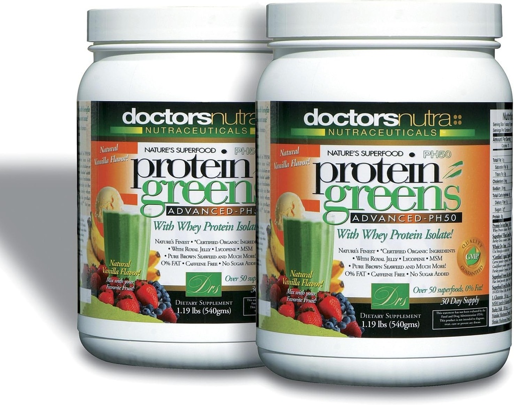 (Pack of 2) PH50 Protein Greens Drink with Certified Organic Ingredients by Doctors Nutra Nutra Nutraceuticals, 1.19 Libra (540 Grams) 50 Superfoods, Digestive Enzymes, Natural Vanilla Flavor