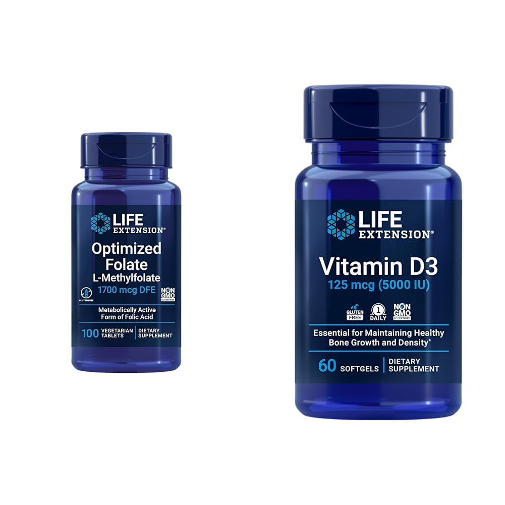Life Extension Optimalizované Folate Heart & Brain Support Tablety a vitamín D3 Bone, Mozog & Immune Health Softgels - 100 tabliet, 60 Softgels