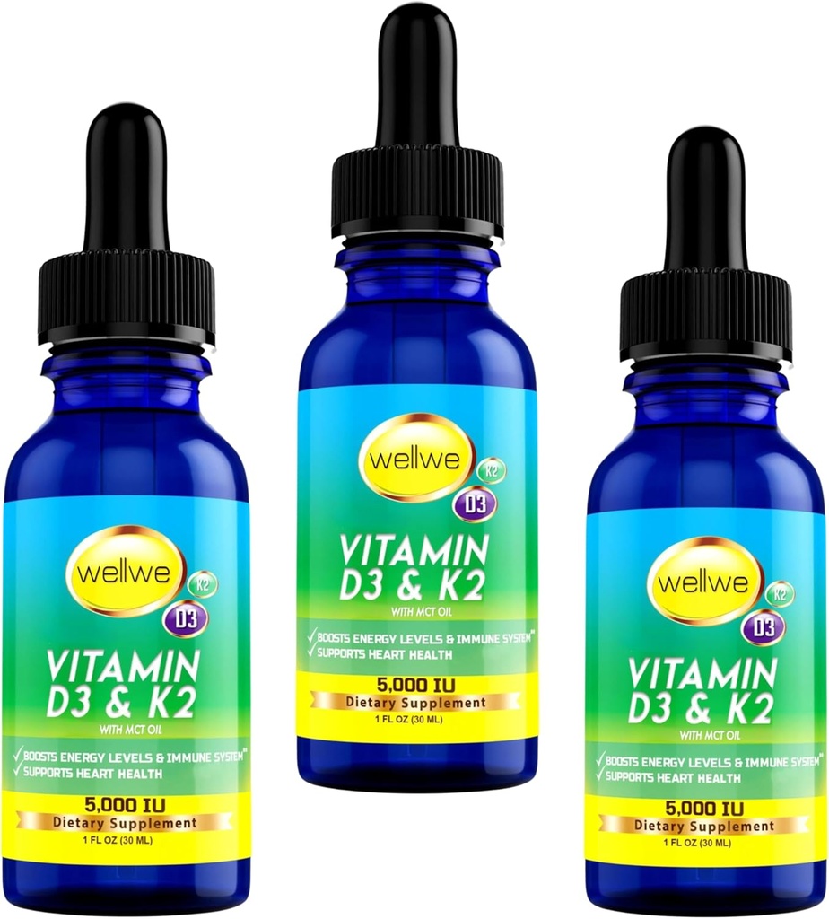 Tekutý vitamín D3 K2 kvapky s MCT olejom 5000 IU - Vegan, bez chuti, bez zápachu, bez sóje, bez lepidla, bez GMO, 1000 IU na kvapku, Boosts Energy & Immune System (3 balenia)