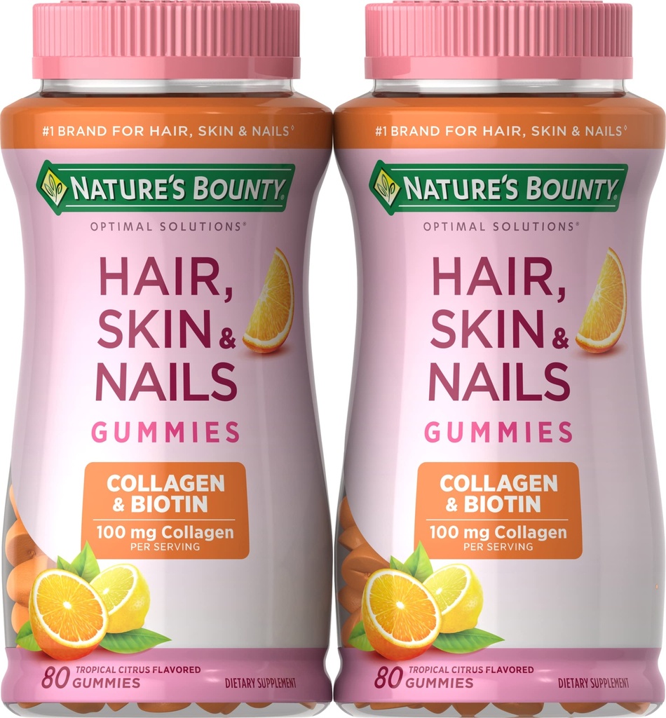 Nature's Bounty Biotin and Collagen, Citrus-Flavored Gummies, 80 Ct (2 balenia)