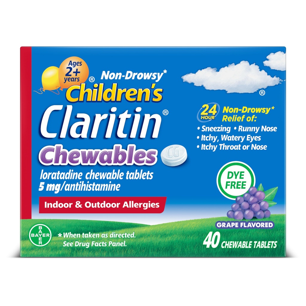 Claritin Detská alergia, 24-hodinová non-Drowsy Loratadine 5 mg žuvacia tableta, Antihistaminikum pre deti vo veku 2 roky a staršie, Hrozno ochutené, 40 tabliet