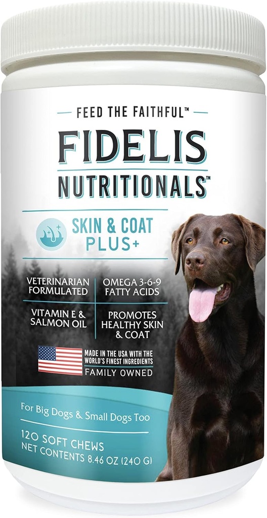 FIDELIS Skin & Coat Plus+ Dog Skin & Coat Supplement, Omega 3, vitamín E, lososový olej pre psy, mastné kyseliny, zdravá koža, lesklý kabát, dospelý, veľký a malý, Vyrobené v USA, Zeleninová aróma, 120 Mäkké žuvačky