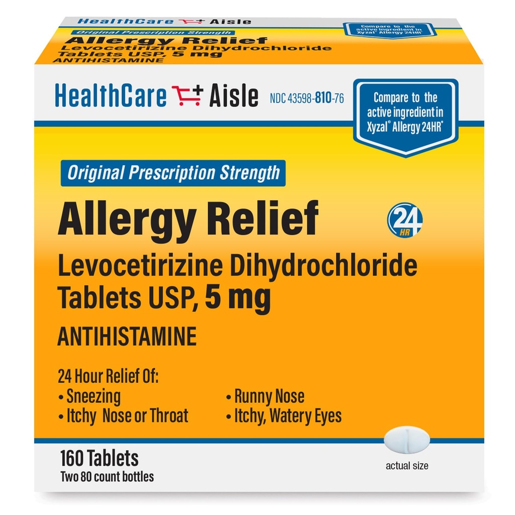 HealthCareAisle Allergy Relief - Levocetirizín Dihydrochlorid Tablety USP, 5 mg, 160 tabliet, Original Prescription Strength Alergy Medication, 24-hour Relief, 80 gróf (Pack of 2)