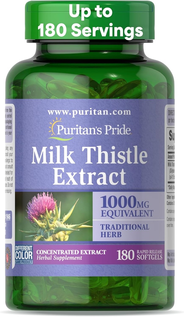 Puritan's Milk Thistle 4:1 Extract 1000mg 180 Softgels (Silymarin) Liver Health