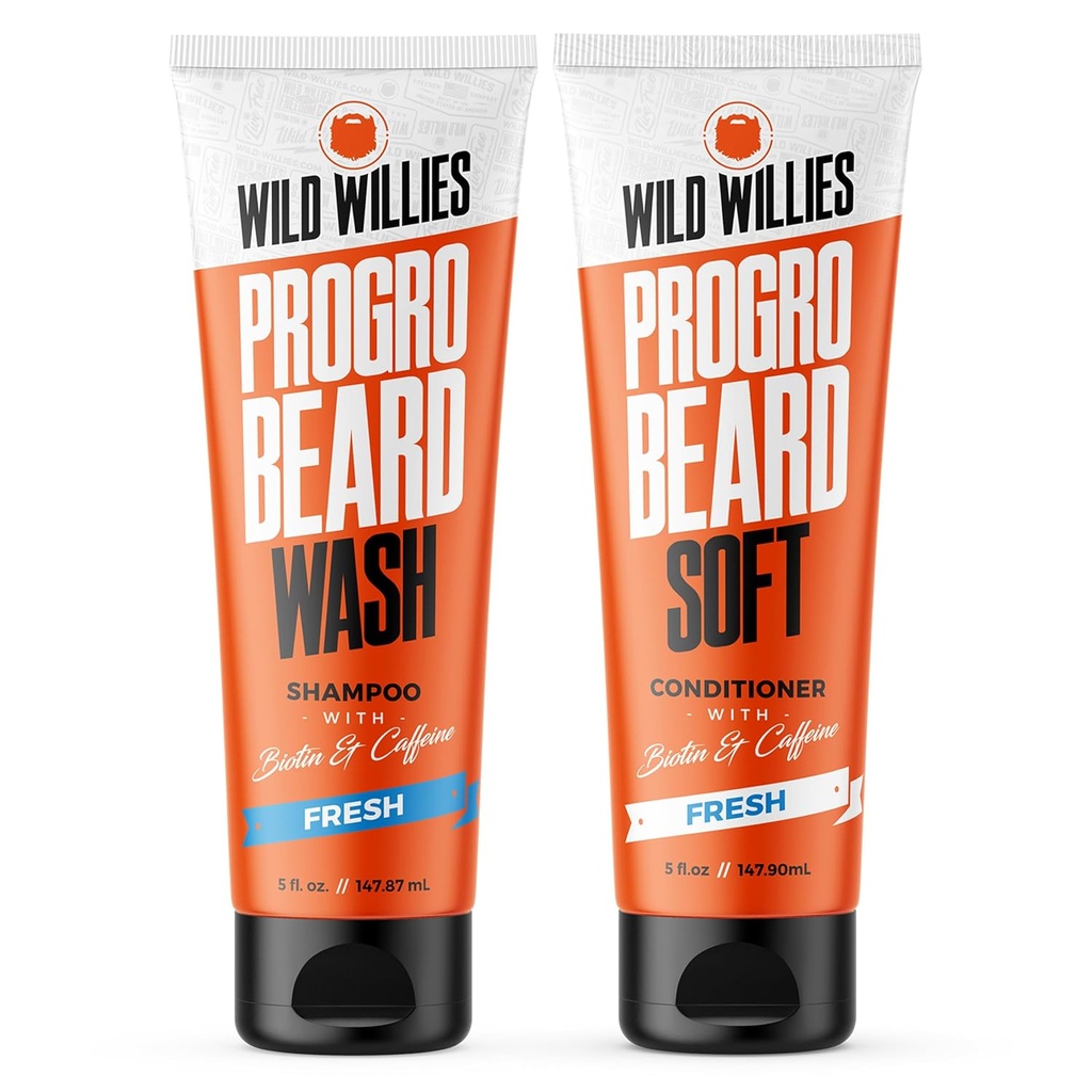 Wild Willies PROGRO Brada Šampón a kondicionér Kit - obohatený w/Caffeine & Biotin - Posilnenie, Flake-free, Hydratačné Brada umývanie a kondicionér pre mužov, 2 x 5oz Tuby