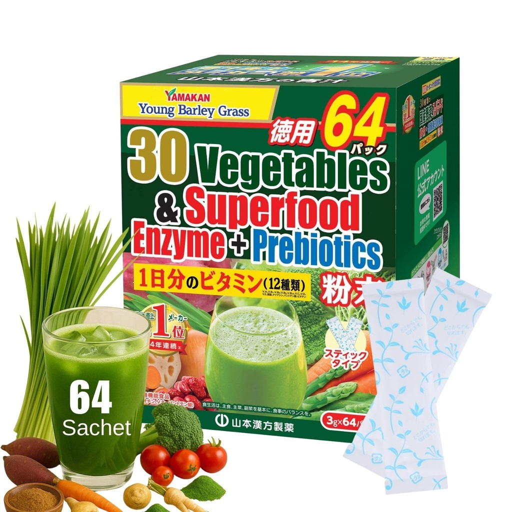 Yamamoto Kanpoh YAMAKAN Greens Superfood Powder with prebiotic Fiber & Enzymes for Digestion, 30 Veggies & Young Jamber Grass Juice Blend from Japan, Gut Health for Women & Men, 64 Pakets