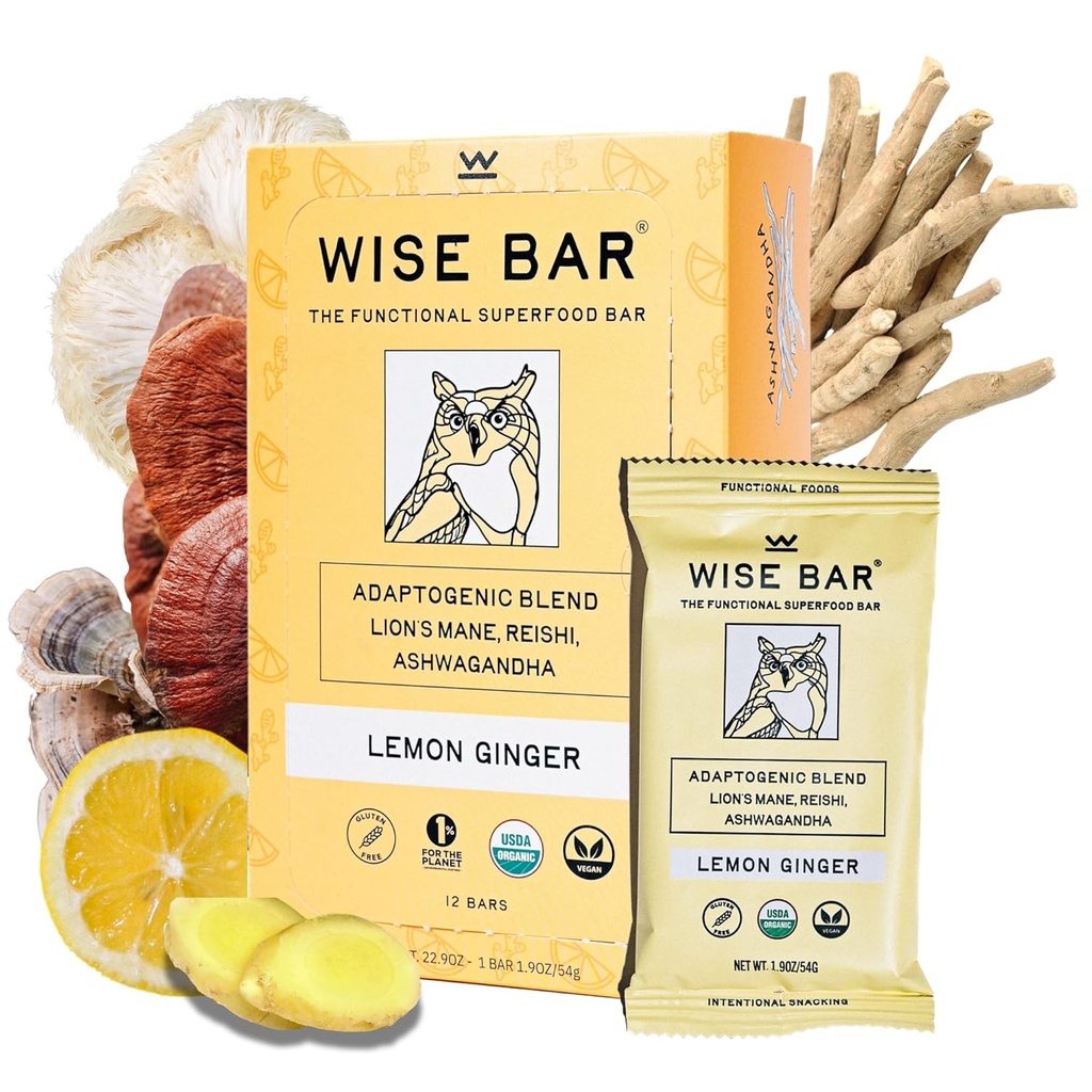 Múdry Bar Adaptogen Mushrom Nutrition Bars with Reishi, Lions Mane & Ashwagandha, Organic Vegan & Gluten Free Snacks for Natural Focus, Energy & Imunity Support, Lemon Ginger Flavor, 12 Count