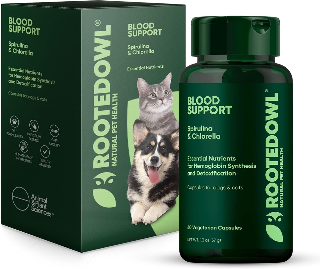 Rooted Owl podpora krvi - Imunita, zotavenie a železo doplnok pre psy a mačky - Anémia podpora s Spirulina a Chlorella - 60/ct Vegan Kapsule