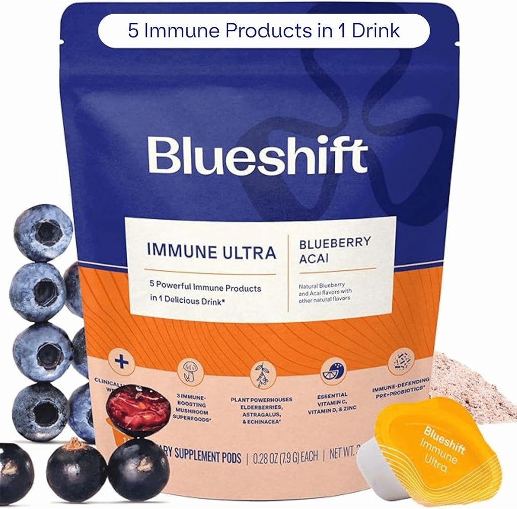 Blueshift Immune Ultra - 5-in-1 Immune Support Powder Drink Mix, Immune Defense Vitamín Supplement with Vitamin C, Zinok, Superfoods, Antioxidants, Pre and Probiotics - Blueberry Acai Pods (14 balenie)
