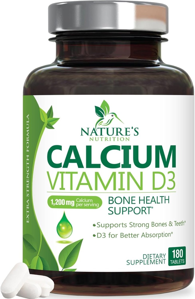 Vápnik doplnok 1200 mg - s vitamínom D3 pre najlepšiu absorpciu - podporuje imunitné zdravie, kosti a zuby - prírodný uhličitan vápenatý + 1600 IU D3 - fľaša v USA pre ženy a mužov - 180 tabliet