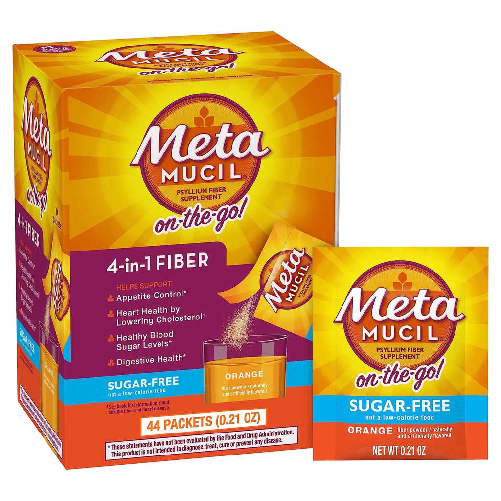 Metamucil On-the-Go pakety, bez cukru, 44 paketov, 4-v-1 Psyllium Husk Fiber Supplement, Orange Ochutené, Individuálne služby skvelé pre cestovanie, Fiber Supplement pre trávenie zdravie a pravidelnosť