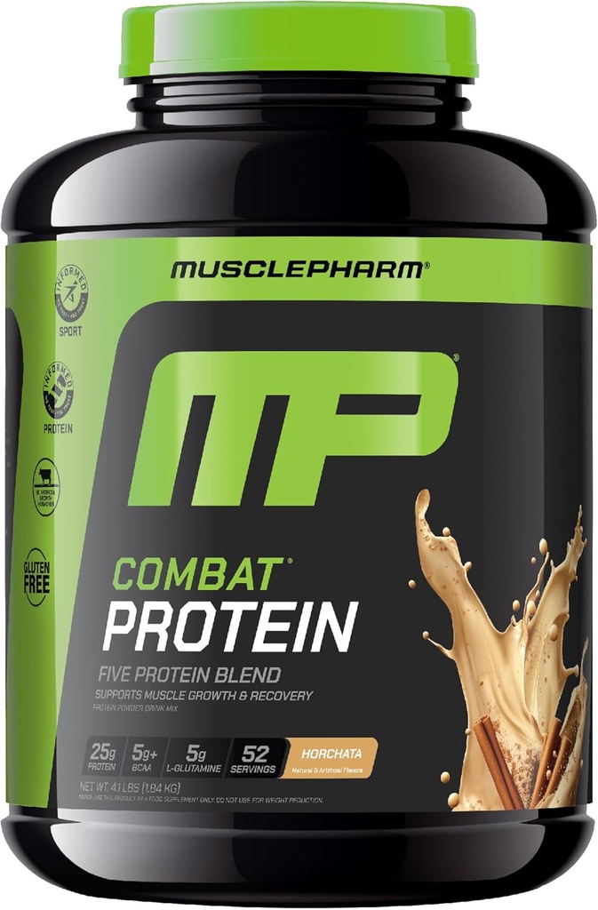 Muscle Pharm Combat Protein Powder, Horchata Flavor, Palivá Svaly pre produktívne cvičenie, 5 Protein Sources including Whey Protein Isolate & Egg Albumin, Gluten Free, 4 lb, 52 Servings