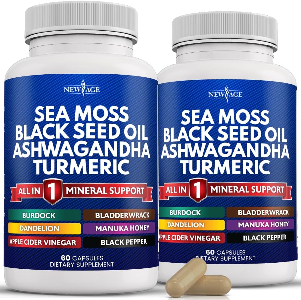 NEW AGE Sea Moss Capsules Black Seed Oil Ashwagandha Turmeric Bladderwrack Burdock - with Manuka, Honey Dandelion, ACV Black Pepper Gluten Free