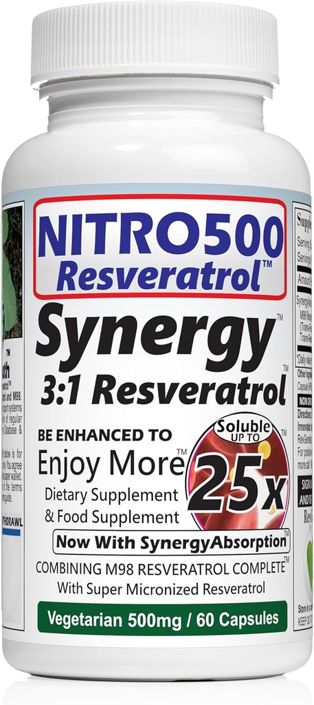Nitro Synergy Resveratrol (Nitro500) s až 25x Solubility - 60 Vegetariánskych kapsúl - 30 Servírov - 500 mg na obsluhu