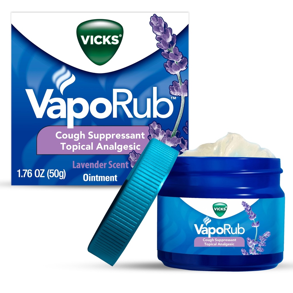 Vicks VapoRub, Levandulová vôňa, Kašeľ Potláčač, Topická hruď Rub a analgézna masť, Medikované Vicks Vapors, Relief from Cough Due to Cold, Aches & Pains, 1.76oz