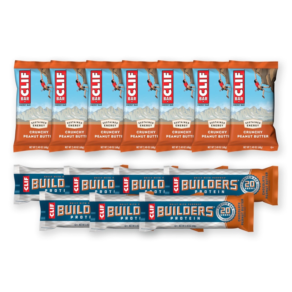 CLIF BAR a CLIF Builders - Varianty Pack - Chrumkavé arašidové maslo a čokoládové arašidové maslo - energetické tyčinky a proteínové tyčinky - non-GMO - Plant Based - 2,4 oz. (14 gróf)